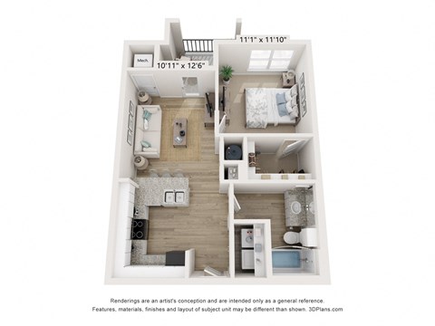 Floor plan for 1 bed, 1 bath, 620 sqft